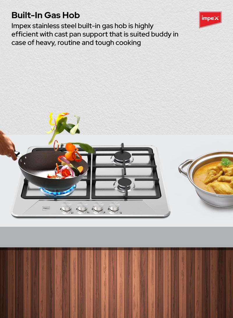إمبكس موقد غاز مدمج 4 شعلات | شعلات ساباف | إنتاج حرارة عالي | دعم أواني من الحديد الزهر | موقد مطبخ من الفولاذ المقاوم للصدأ مع إشعال تلقائي، أزرار معدنية | شعلات عمل، سريعة، شبه سريعة ومساعدة | طهي سريع، موقد حديث لمطبخ المنزل | BIHS4 - Image 4
