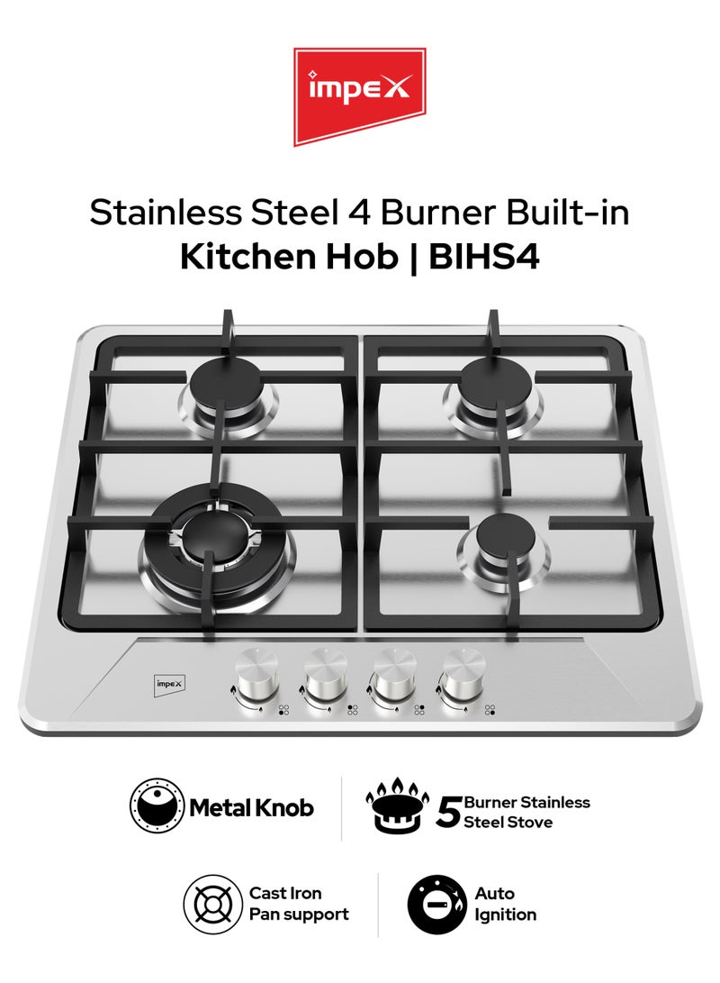 إمبكس موقد غاز مدمج 4 شعلات | شعلات ساباف | إنتاج حرارة عالي | دعم أواني من الحديد الزهر | موقد مطبخ من الفولاذ المقاوم للصدأ مع إشعال تلقائي، أزرار معدنية | شعلات عمل، سريعة، شبه سريعة ومساعدة | طهي سريع، موقد حديث لمطبخ المنزل | BIHS4 - Image 1