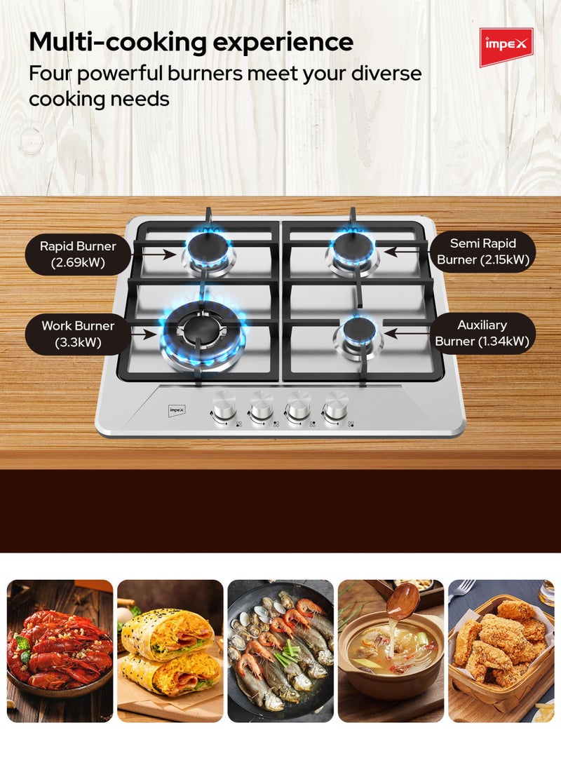 إمبكس موقد غاز مدمج 4 شعلات | شعلات ساباف | إنتاج حرارة عالي | دعم أواني من الحديد الزهر | موقد مطبخ من الفولاذ المقاوم للصدأ مع إشعال تلقائي، أزرار معدنية | شعلات عمل، سريعة، شبه سريعة ومساعدة | طهي سريع، موقد حديث لمطبخ المنزل | BIHS4 - Image 3