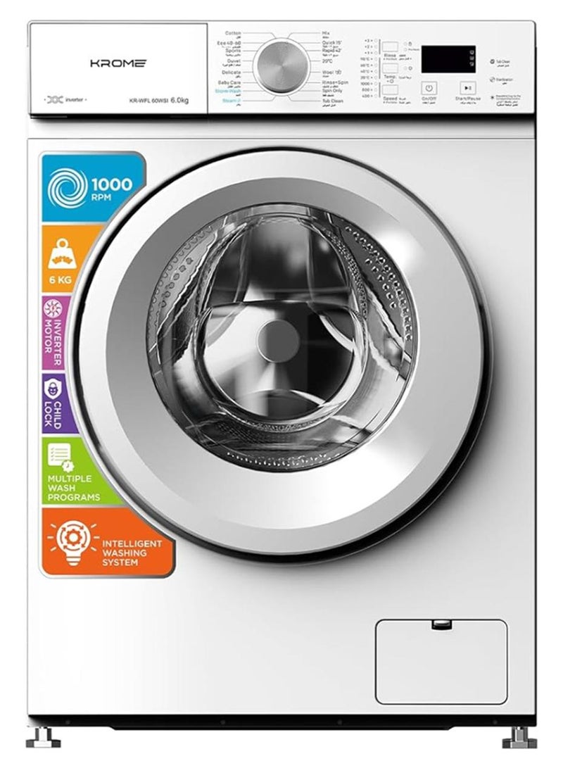 Krome 6 Kg Front Load Washing Machine with BLDC Inverter Motor, 16 Wash Programs & 1000 RPM Spin Speed, Stainless Steel Drum 6 kg KR-WFL60WSI White - Image 1