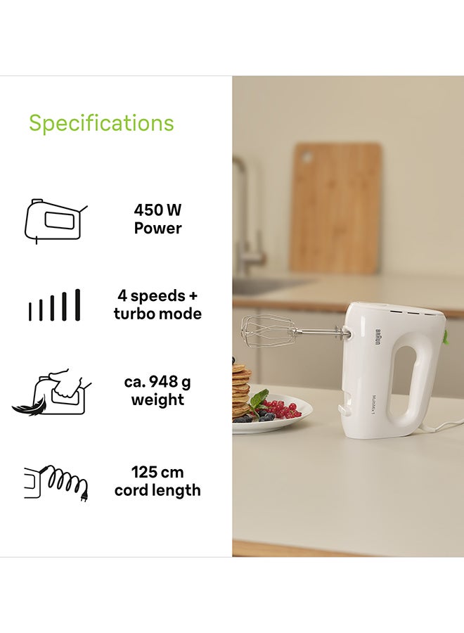 BRAUN MultiMix 1 Hand Mixer HM 600 ml 450 W HM 1100 WH White - Image 4