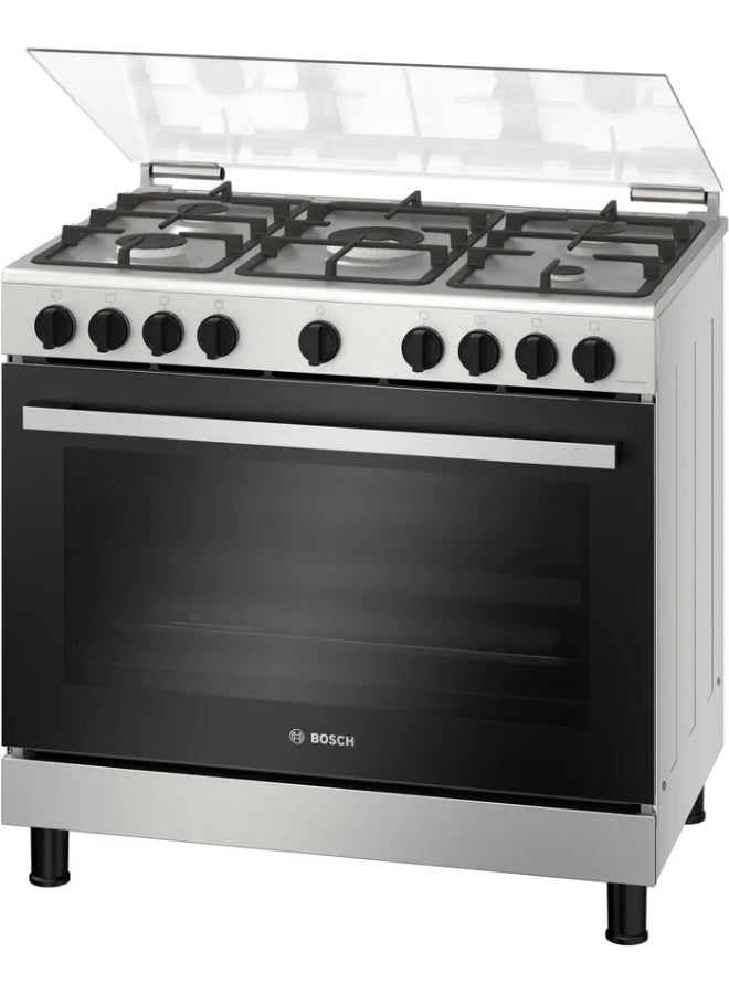 بوش موقد غاز 90x60 سم مع فرن 125 لتر، 5 شعلات، 3 أوضاع طهي، سلسلة 2، HGV1E8Y50M، من الفولاذ المقاوم للصدأ - Image 2