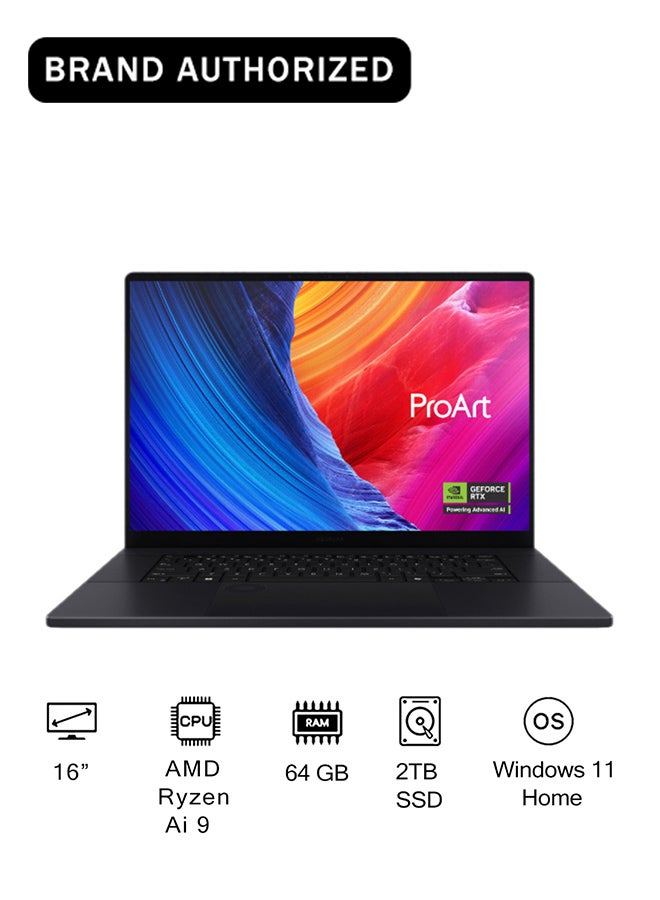 أسوس لابتوب برو آرت P16 بشاشة 16 بوصة، مع معالج AMD Ryzen AI 9 HX 370/ذاكرة RAM سعة 64 جيجابايت/قرص SSD سعة 2 تيرابايت/رسومات AMD Radeon 890M/نظام ويندوز 11 هوم - Image 1