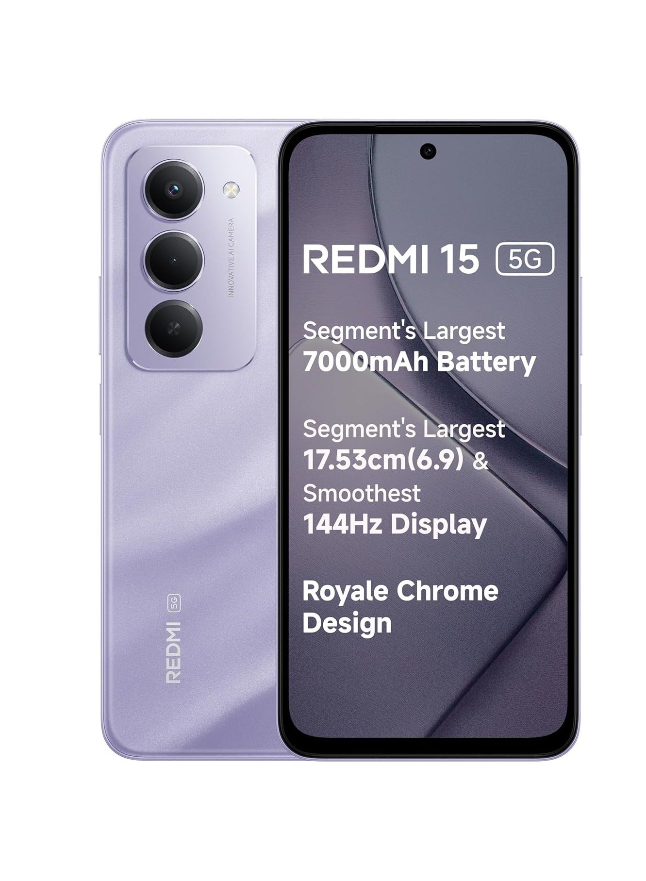 Redmi 15 5G Sandy Purple 8GB + 256GB | Segment's Largest 7000mAhA Battery | Segment's Largest Display 17.53cm(6.9) Up to 144Hz | Snapdragon 6s Gen 3 | 18W Reverse Charging | 50MP AI Dual Camera - Indian Version