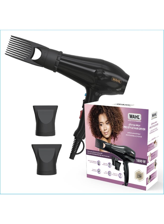 WAHL Pro Style Hair Dryer 1800W | Ionic Anti-Frizz Technology | Power Pik for Afro & Textured Hair | 3 Heat & 2 Speed Settings | Removable Filter | 3m Salon Cord – Black 3026984 black - Image 1