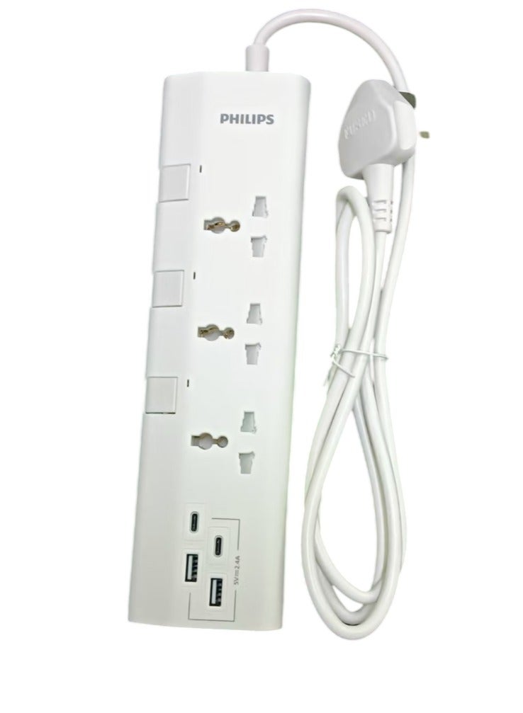 Philips Power Extension Cord with USB Ports – Universal 3-Way Power Strip with 2 USB-C & 2 USB-A Fast Charging Ports, 1.5m Heavy Duty Extension Cable, Surge Protector, 2500W Max Power Load, Overload Protection, Multi-Device Charging, Home & Office Compatible, Safe & Durable Design white - Image 1