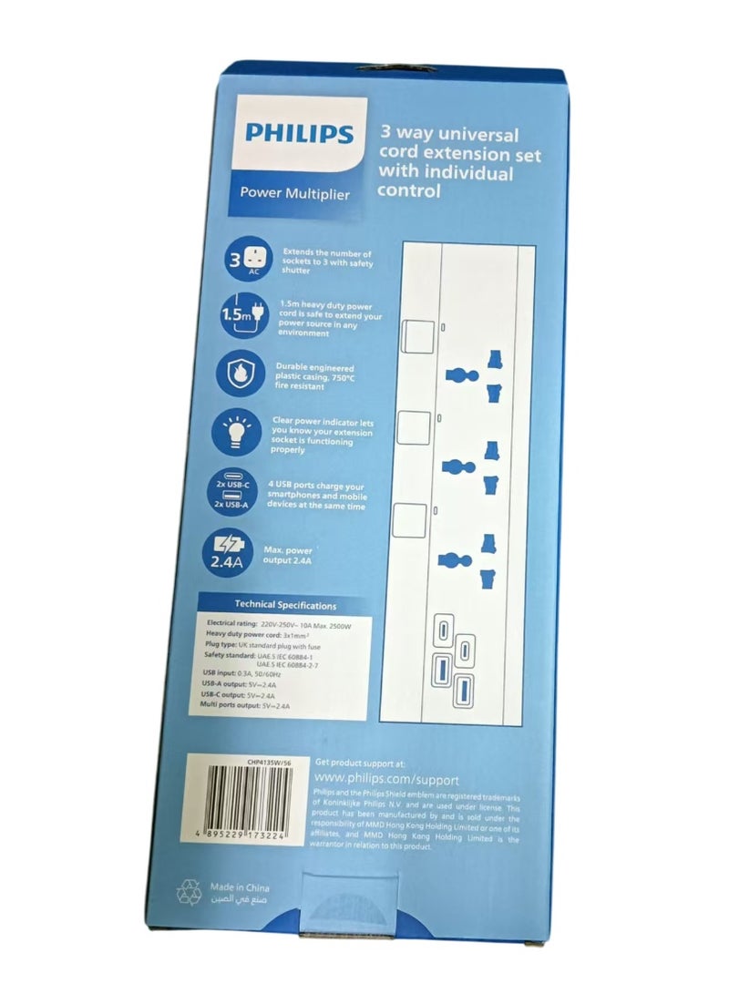 Philips Power Extension Cord with USB Ports – Universal 3-Way Power Strip with 2 USB-C & 2 USB-A Fast Charging Ports, 1.5m Heavy Duty Extension Cable, Surge Protector, 2500W Max Power Load, Overload Protection, Multi-Device Charging, Home & Office Compatible, Safe & Durable Design white - Image 4