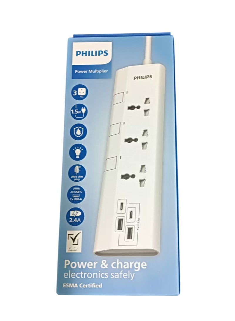 Philips Power Extension Cord with USB Ports – Universal 3-Way Power Strip with 2 USB-C & 2 USB-A Fast Charging Ports, 1.5m Heavy Duty Extension Cable, Surge Protector, 2500W Max Power Load, Overload Protection, Multi-Device Charging, Home & Office Compatible, Safe & Durable Design white - Image 3
