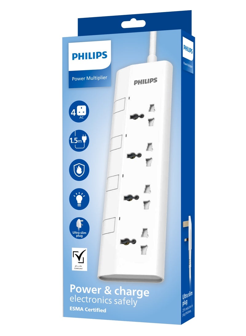 Philips Ultra Slim 4-Way Universal Power Extension Cord with Surge Protector – 2500W Heavy-Duty Power Strip UK Plug, 1.5m 100% Pure Copper Cable, 10A Fuse, Overload & Heat-Resistant Protection – Multi-Device Charging Socket for Home, Office, Computer, TV, and Appliances, Safe & Durable Design 1.5M- White - Image 2