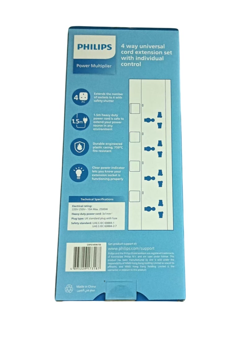 Philips Ultra Slim 4-Way Universal Power Extension Cord with Surge Protector – 2500W Heavy-Duty Power Strip UK Plug, 1.5m 100% Pure Copper Cable, 10A Fuse, Overload & Heat-Resistant Protection – Multi-Device Charging Socket for Home, Office, Computer, TV, and Appliances, Safe & Durable Design 1.5M- White - Image 4