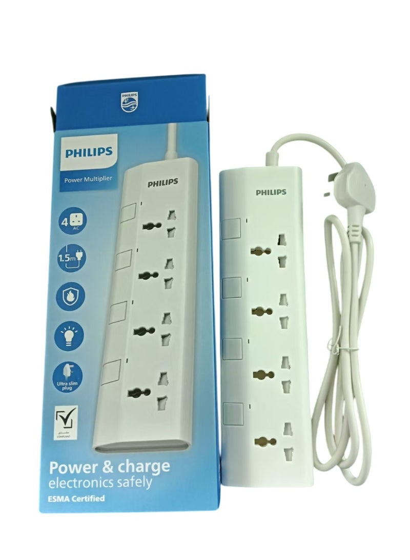 Philips Ultra Slim 4-Way Universal Power Extension Cord with Surge Protector – 2500W Heavy-Duty Power Strip UK Plug, 1.5m 100% Pure Copper Cable, 10A Fuse, Overload & Heat-Resistant Protection – Multi-Device Charging Socket for Home, Office, Computer, TV, and Appliances, Safe & Durable Design 1.5M- White - Image 3