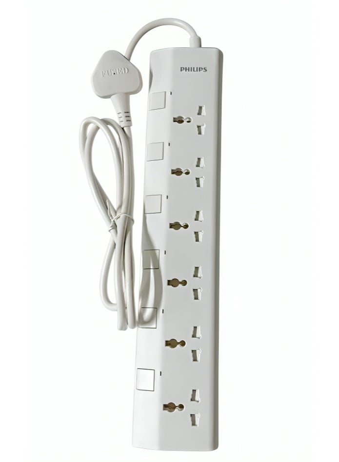 Philips Ultra Slim 6-Way Universal Power Extension Cord with Individual Switch & Surge Protector – 2500W Heavy-Duty Power Strip UK Plug, (1.5m) 100% Pure Copper Cable, 10A Fuse, Overload & Heat-Resistant Protection – Multi-Device Charging Socket for Home, Office, Computer, TV, and Appliances, Safe & Durable Design 6-Way Power Extension 1.5M- White - Image 1