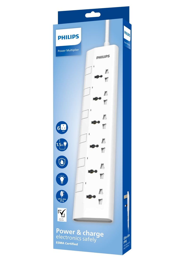 Philips Ultra Slim 6-Way Universal Power Extension Cord with Individual Switch & Surge Protector – 2500W Heavy-Duty Power Strip UK Plug, (1.5m) 100% Pure Copper Cable, 10A Fuse, Overload & Heat-Resistant Protection – Multi-Device Charging Socket for Home, Office, Computer, TV, and Appliances, Safe & Durable Design 6-Way Power Extension 1.5M- White - Image 2