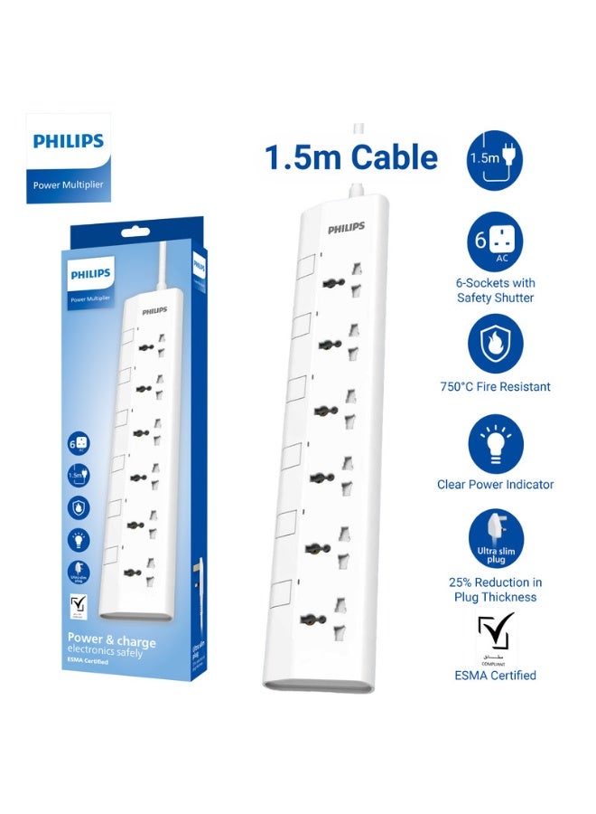 Philips 6-Way Universal Power Extension Cord with Individual Switches,( 1.5m) Heavy-Duty 3x1mm² Cable, 2500W Overload & 750°C Fire-Resistant Protection, 10A Fuse, ESMA Certified Safety Standard, UK Plug – Ideal for Home & Office – White 6-Way Power Extension 1.5M- White - Image 2