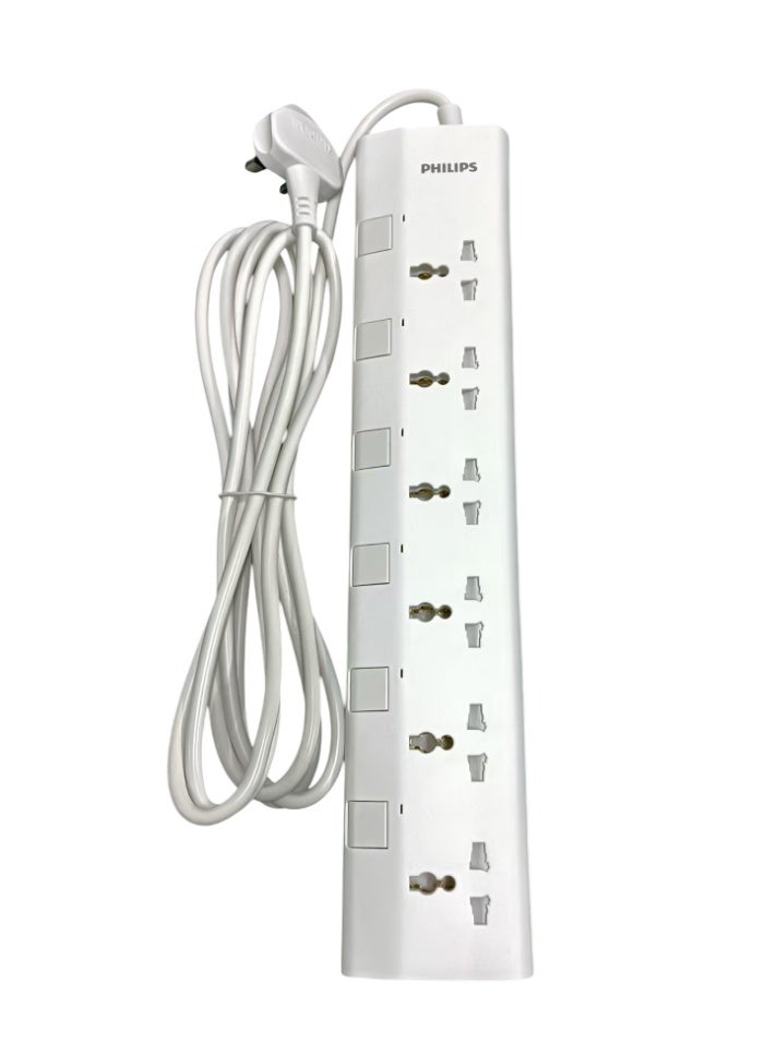 Philips Ultra Slim 6-Way Universal Power Extension Cord with Individual Switch & Surge Protector – 2500W Heavy-Duty Power Strip UK Plug, (3m) 100% Pure Copper Cable, 10A Fuse, Overload & Heat-Resistant Protection – Multi-Device Charging Socket for Home, Office, Computer, TV, and Appliances, Safe & Durable Design 6-Way Power Extension 3M- White - Image 1