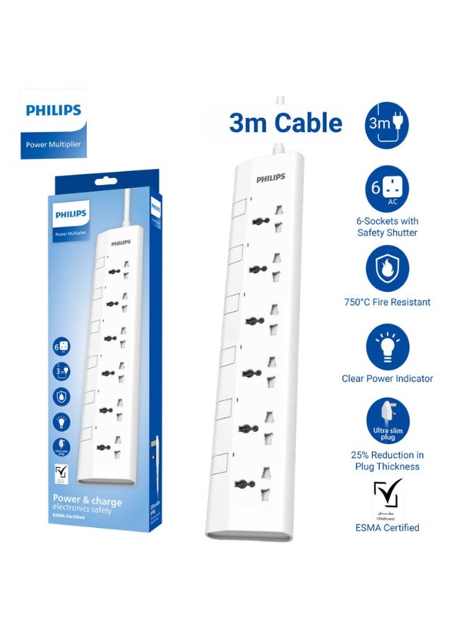 Philips 6-Way Universal Power Extension Cord with Individual Switches,( 3m) Heavy-Duty 3x1mm² Cable, 2500W Overload & 750°C Fire-Resistant Protection, 10A Fuse, ESMA Certified Safety Standard, UK Plug – Ideal for Home & Office – White 6-Way Power Extension 3M- White - Image 2