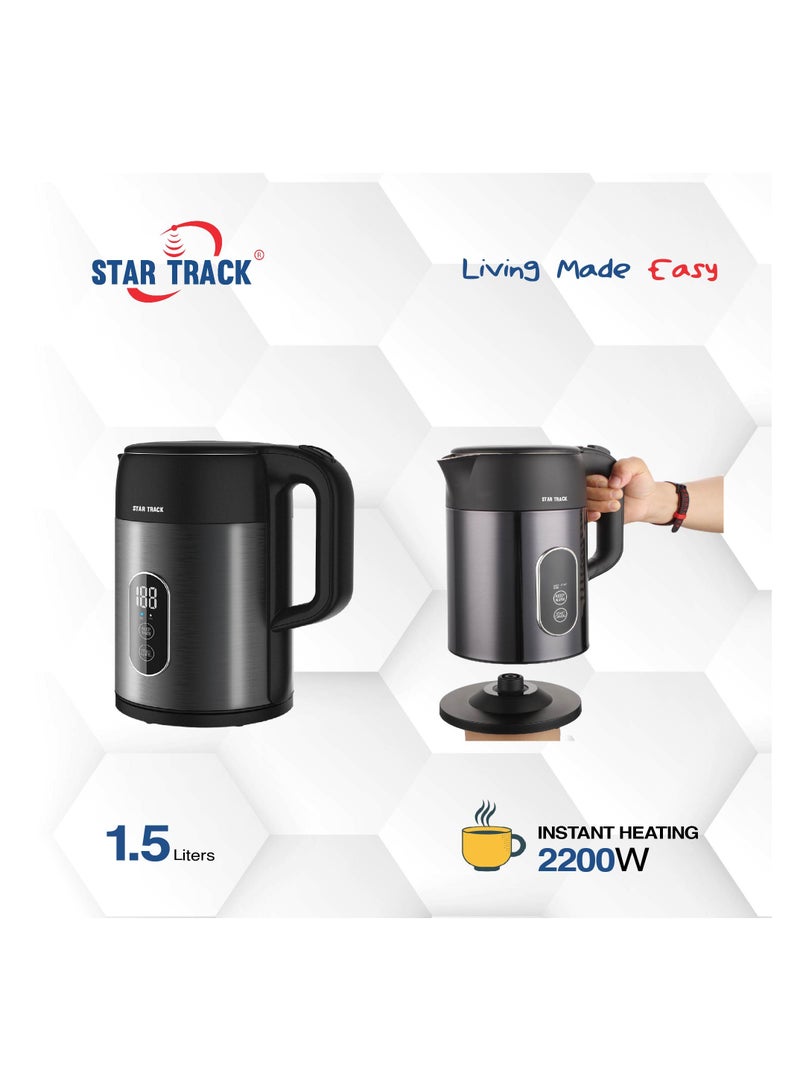 STAR TRACK Electric Kettle Instant Heating, Temperature Selection, Boil-Dry Protection, and SS Lid Cover 1.5 L 2200 W ST-15TMD-KS2200 Black - Image 2