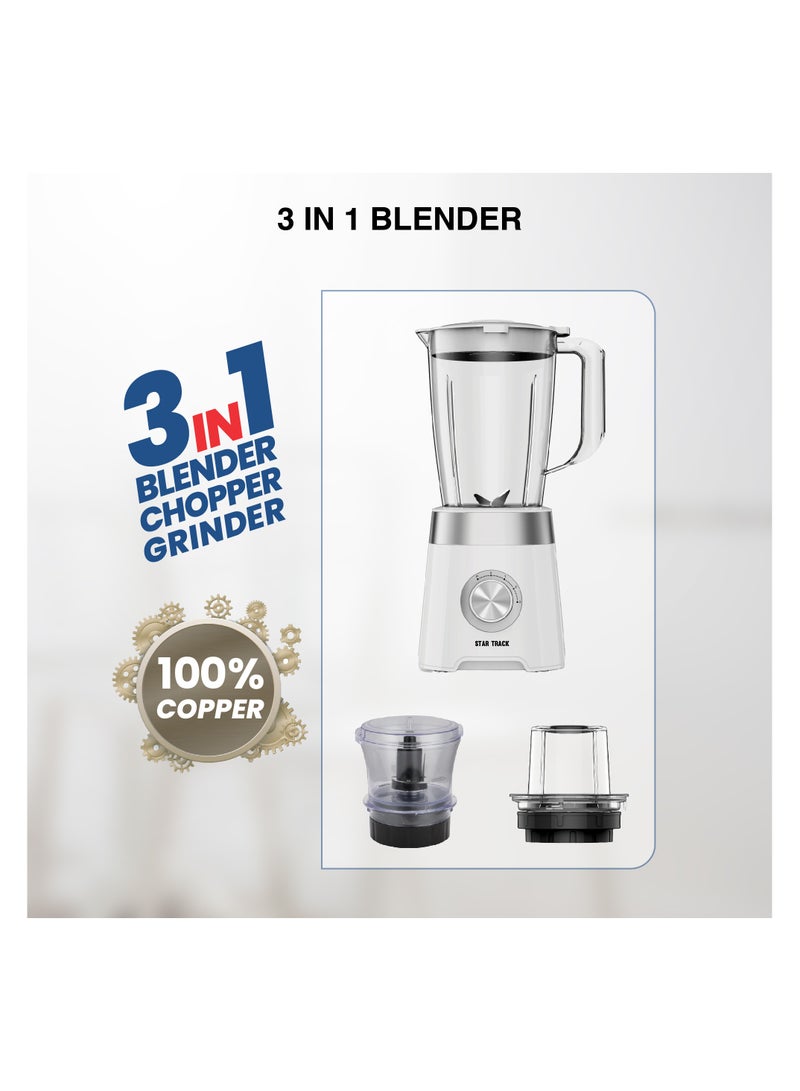 STAR TRACK 3-in-1 Blender, Chopper & Grinder 500W,  Plastic Jug, 2-Speed with Pulse, Anti-Slip, Low Power, Premium, White 1.5 L 500 W ST-15WD-B500 White - Image 2