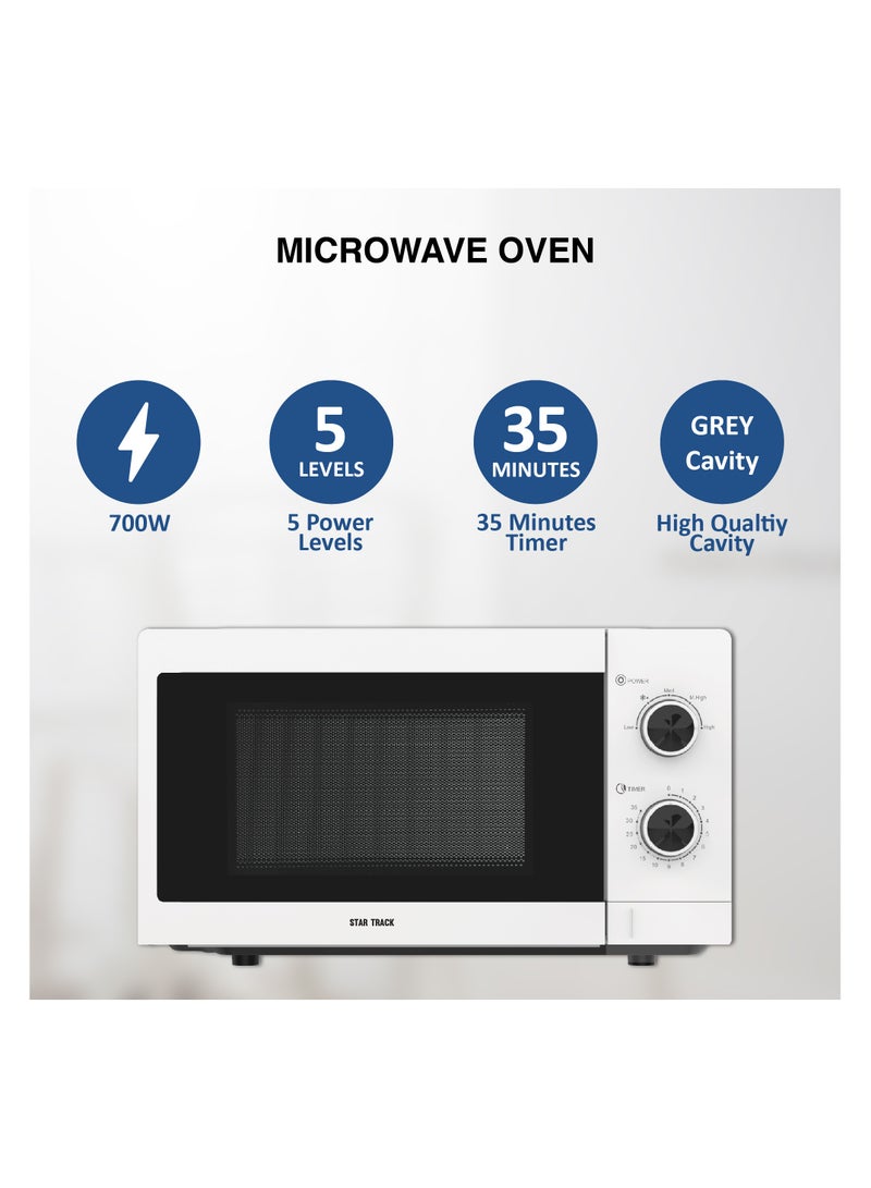 STAR TRACK Mechanical Microwave Oven, 5 Power Levels, 35 min Timer, Push Button, 255 mm Glass Turntable Glass Tray, Grey Cavity, BS Plug, 20 L 700 W ST-MW700-MW20 white - Image 2