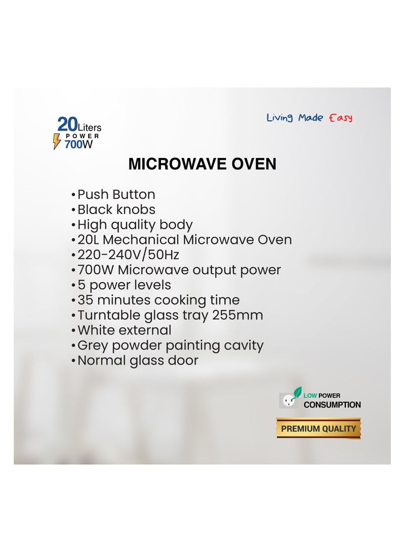 STAR TRACK Mechanical Microwave Oven, 5 Power Levels, 35 min Timer, Push Button, 255 mm Glass Turntable Glass Tray, Grey Cavity, BS Plug, 20 L 700 W ST-MW700-MW20 white - Image 4