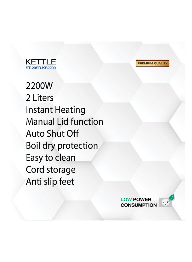 STAR TRACK Electric Kettle, Instant Heating, Manual Lid, Auto Shut Off, Boil Dry Protection, 2 L 2200 W ST-20SD-KS2200 sliver - Image 3