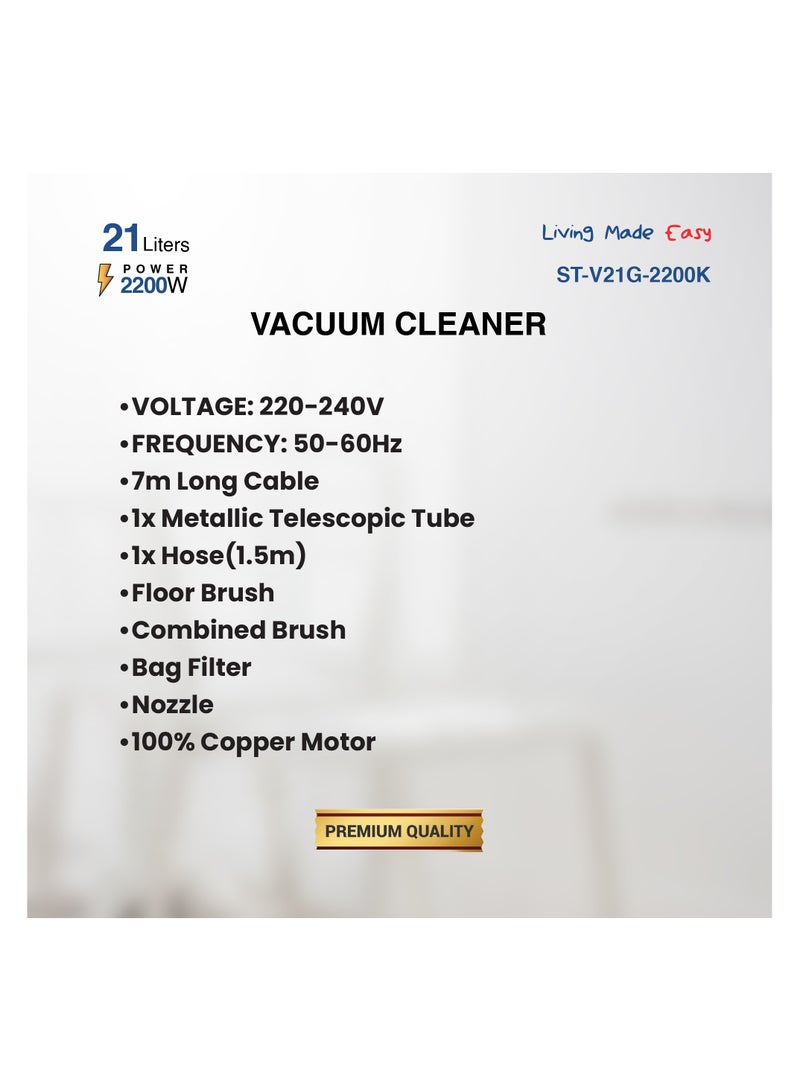 ستار تراك Vacuum Cleaner, Power, 7m Cable, Telescopic Tube, 100% Copper Motor 21 L 2200 W ST-V21G-2200K Black - Image 5