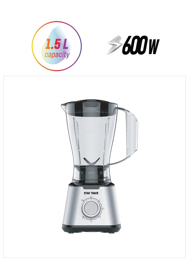 STAR TRACK 3in1 Blender, Chopper & Grinder Glass Jug, 5Speed with Pulse, Anti-Slip, Low Power Consumption, Premium, 1.5 L 600 W ST-15B1D-B600 Sliver - Image 1