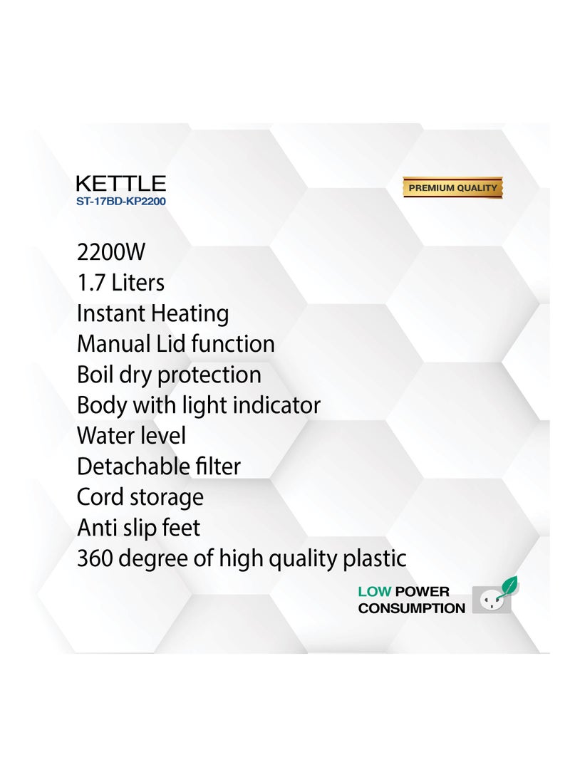 STAR TRACK Electric Kettle, Instant Heating, Manual Lid, Boil-Dry Protection, and Light Indicator, 1.7 L 2200 W ST-17BD-KP2200 Black - Image 3