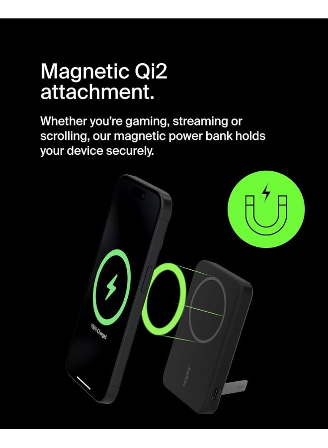 belkin BoostCharge Pro Wireless Power Bank 5000mAh with Qi2, MagSafe compatible portable charger + built-in pop-up kickstand, battery pack for iPhone 16, iPhone 15, 14, 13, 12 and more - Black - Image 4