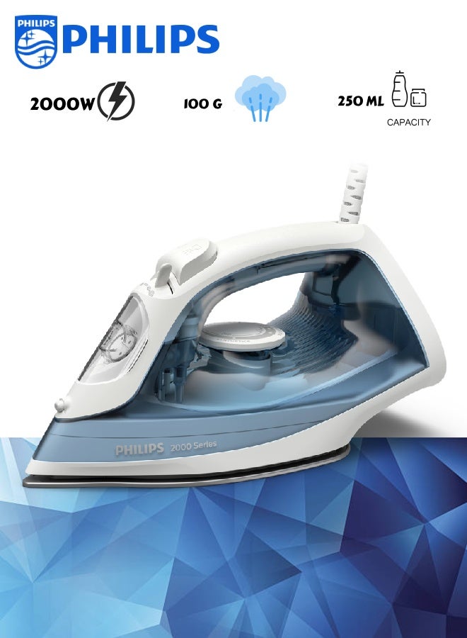 Philips Steam Iron 2000 Series, 100g Steam Boost, 30 Sec Heat-Up, 1.9m Cord 250 ml 2000 W DST2010/26 Sea Blue - Image 1