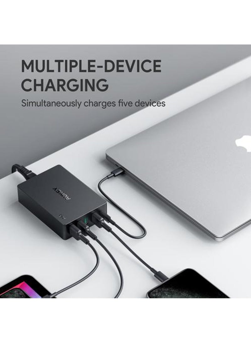 Aukey PA-Y23 63W 5-Port USB Wall Charger - Power Delivery 3.0 with 45W USB-C & 3 USB-A Ports Black - Image 2