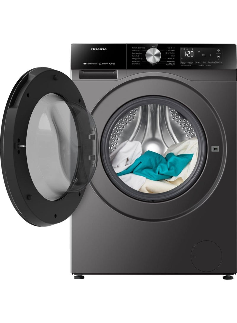 هايسنس غسالة هيسنس 2 في 1 سعة 8 كجم، تجفيف 5 كجم 100%، واي فاي، تقنية العاكس، جرعة تلقائية، غسيل ذكي. رمادي فاخر - Image 2
