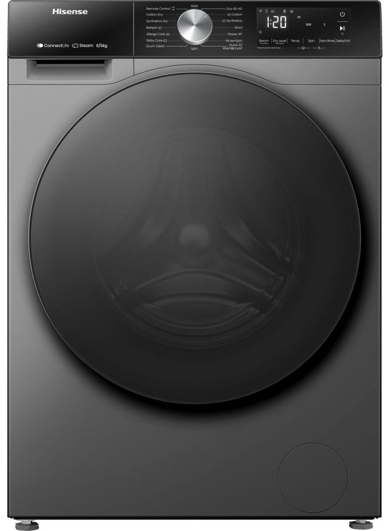 هايسنس غسالة هيسنس 2 في 1 سعة 8 كجم، تجفيف 5 كجم 100%، واي فاي، تقنية العاكس، جرعة تلقائية، غسيل ذكي. رمادي فاخر - Image 1
