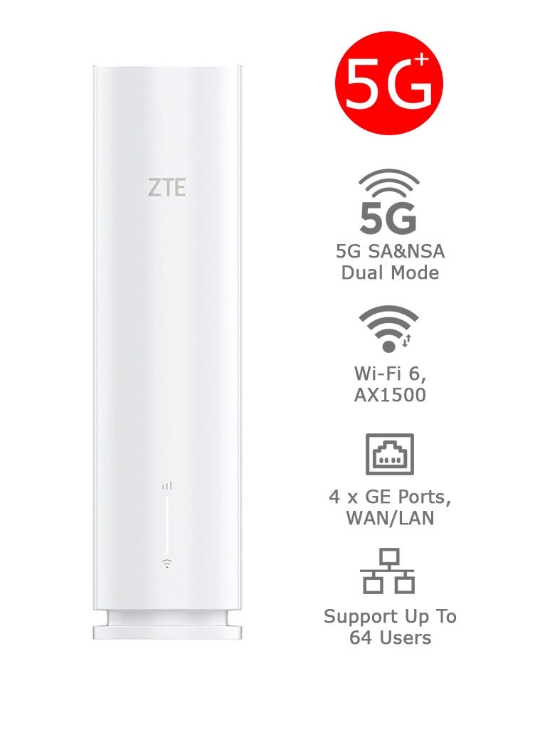 زد تي اي راوتر 5G+ ZTE G5TS الجيل الخامس، وضع مزدوج، واي فاي-6، AX1500، 4xGE منافذ، WAN/LAN، يدعم حتى 64 مستخدم، سرعة تصل إلى 2.86 جيجابت في الثانية | - Image 1