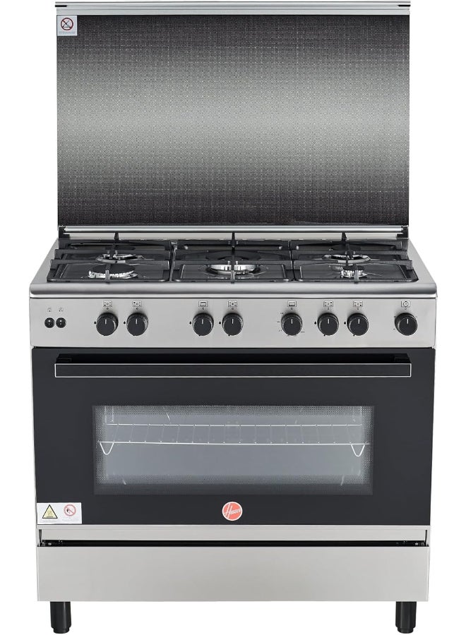 هوفر موقد غاز كامل هوفر 90x60 مع 5 شعلات غاز (1 ووك)، أمان كامل، فرن وشواية غاز، إشعال تلقائي، دعم شبه حديد زهر، مروحة حمل حراري، باب مزدوج الزجاج، ضمان لمدة سنة، من الفولاذ المقاوم للصدأ - Image 1