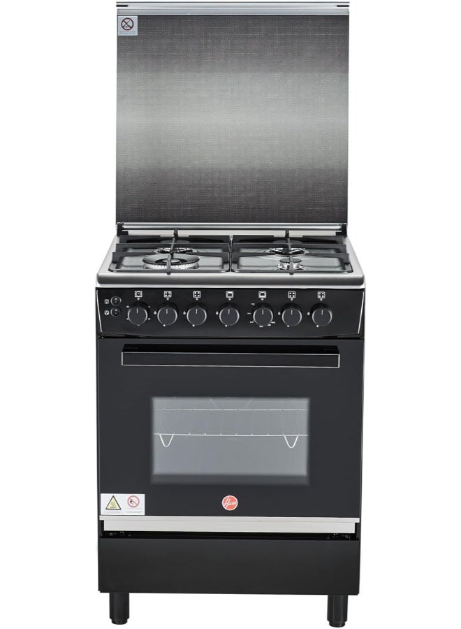 Hoover 60x60 Full Gas Cooker with 4 Gas Burners(1 Wok), Full Safety,Gas Oven & Grill, Auto Ignition, Cast Iron Support, Convection Fan, Oven Lamp, Double Glazed Door 1-YearWarranty HGC-G604G-RB black - Image 1