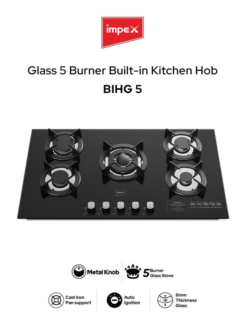 Impex 5-Burner Toughened Glass Built-in Gas Hob | High Heat Output | Sabaf Burners | Kitchen Hob with Heavy Cast Iron Pan Support, Auto Ignition, Metal Knobs | Work, Rapid, Semi-Rapid & Auxiliary Burners | Fast Cooking, Modern Cooktop for Home Kitchen | BIHG5 BIHG5 Black and Silver - Image 1