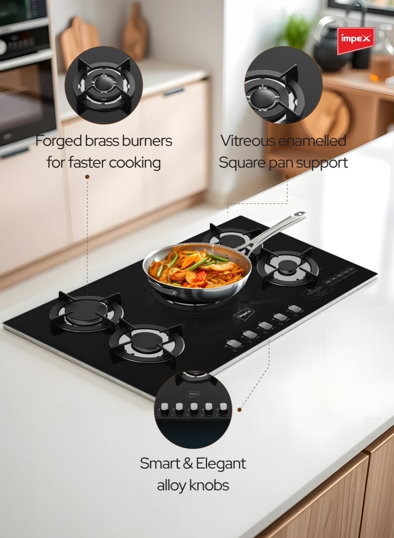 Impex 5-Burner Toughened Glass Built-in Gas Hob | High Heat Output | Sabaf Burners | Kitchen Hob with Heavy Cast Iron Pan Support, Auto Ignition, Metal Knobs | Work, Rapid, Semi-Rapid & Auxiliary Burners | Fast Cooking, Modern Cooktop for Home Kitchen | BIHG5 BIHG5 Black and Silver - Image 5