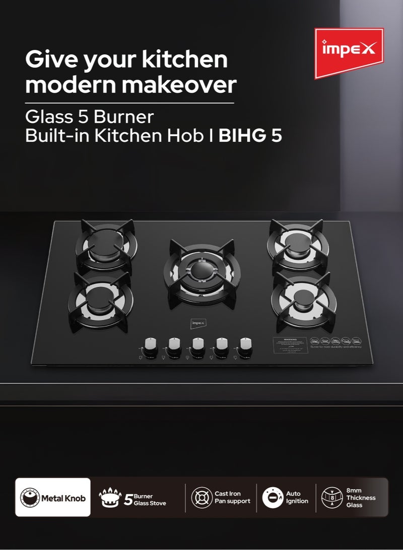 Impex 5-Burner Toughened Glass Built-in Gas Hob | High Heat Output | Sabaf Burners | Kitchen Hob with Heavy Cast Iron Pan Support, Auto Ignition, Metal Knobs | Work, Rapid, Semi-Rapid & Auxiliary Burners | Fast Cooking, Modern Cooktop for Home Kitchen | BIHG5 BIHG5 Black and Silver - Image 2