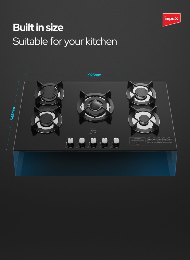 Impex 5-Burner Toughened Glass Built-in Gas Hob | High Heat Output | Sabaf Burners | Kitchen Hob with Heavy Cast Iron Pan Support, Auto Ignition, Metal Knobs | Work, Rapid, Semi-Rapid & Auxiliary Burners | Fast Cooking, Modern Cooktop for Home Kitchen | BIHG5 BIHG5 Black and Silver - Image 3
