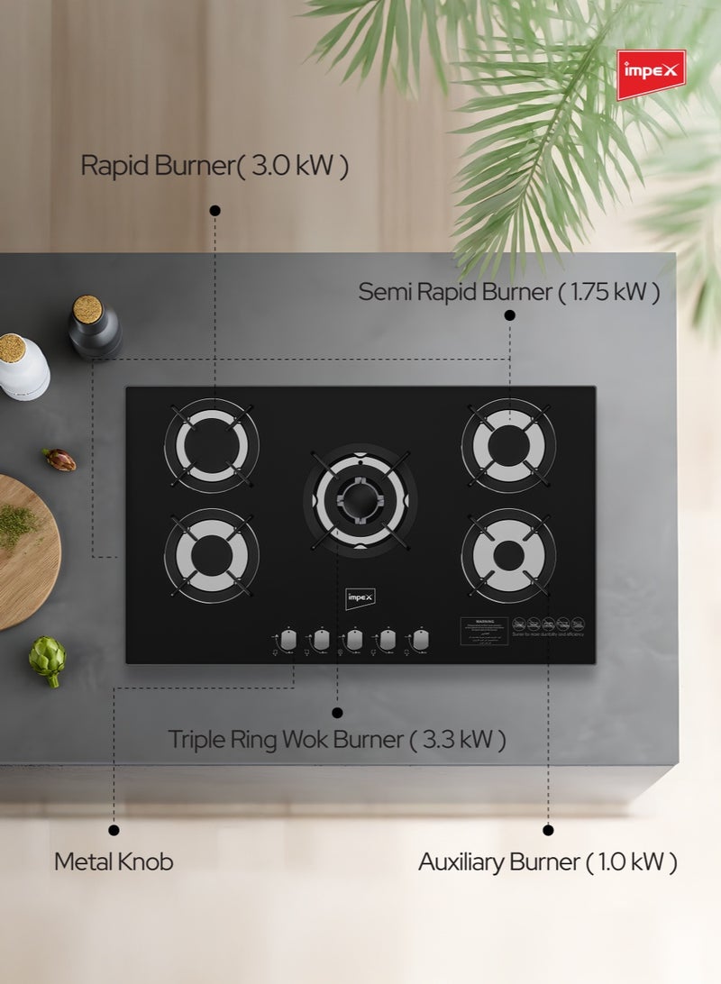 Impex 5-Burner Toughened Glass Built-in Gas Hob | High Heat Output | Sabaf Burners | Kitchen Hob with Heavy Cast Iron Pan Support, Auto Ignition, Metal Knobs | Work, Rapid, Semi-Rapid & Auxiliary Burners | Fast Cooking, Modern Cooktop for Home Kitchen | BIHG5 BIHG5 Black and Silver - Image 4