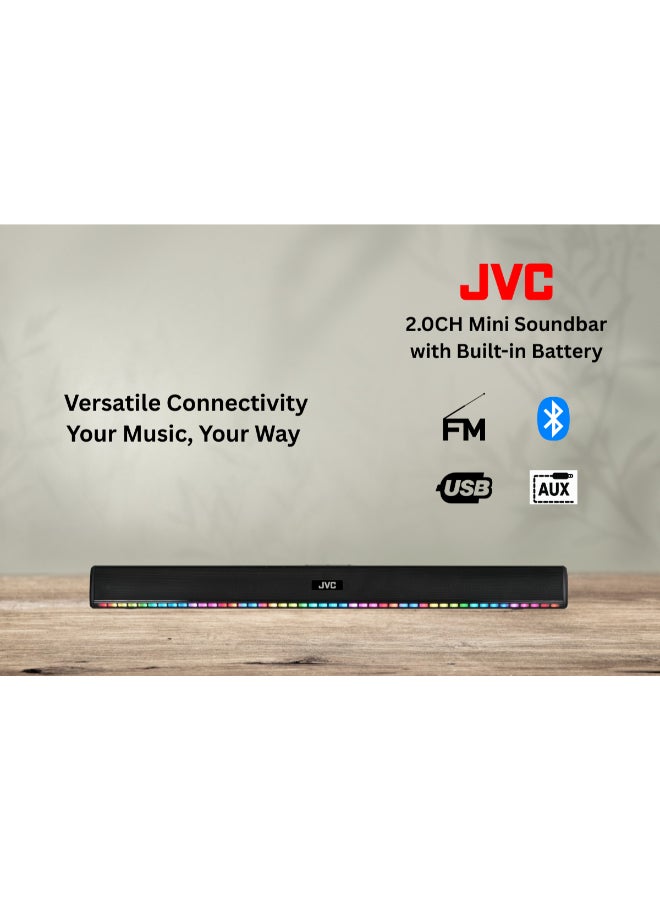 JVC 2.0 CH Bluetooth Soundbar with Built-in Battery, LED Display, 400W PMPO Output, FM Radio, USB & AUX Connectivity – TH-N324B TH-N324B Black - Image 4