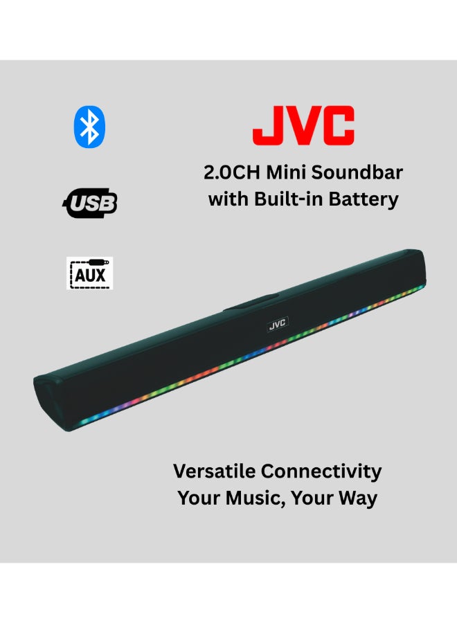 JVC 2.0 CH Soundbar with Built-in Battery, LED Display, 400W PMPO Output, Bluetooth, USB, AUX - TH-N324B Black - Image 1