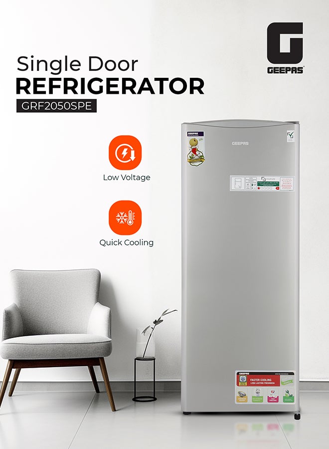 جيباس ثلاجة باب واحد مزيلة للصقيع بسعة 220 لتر إجمالي/ 173 لتر إجمالي - GRF2050SPE/ تبريد سريع، ضوضاء منخفضة، تنظيف سهل/ مع مقبض مدمج ورفوف زجاجية، مثالية للمساحات الصغيرة، الشقق، إلخ - Image 2