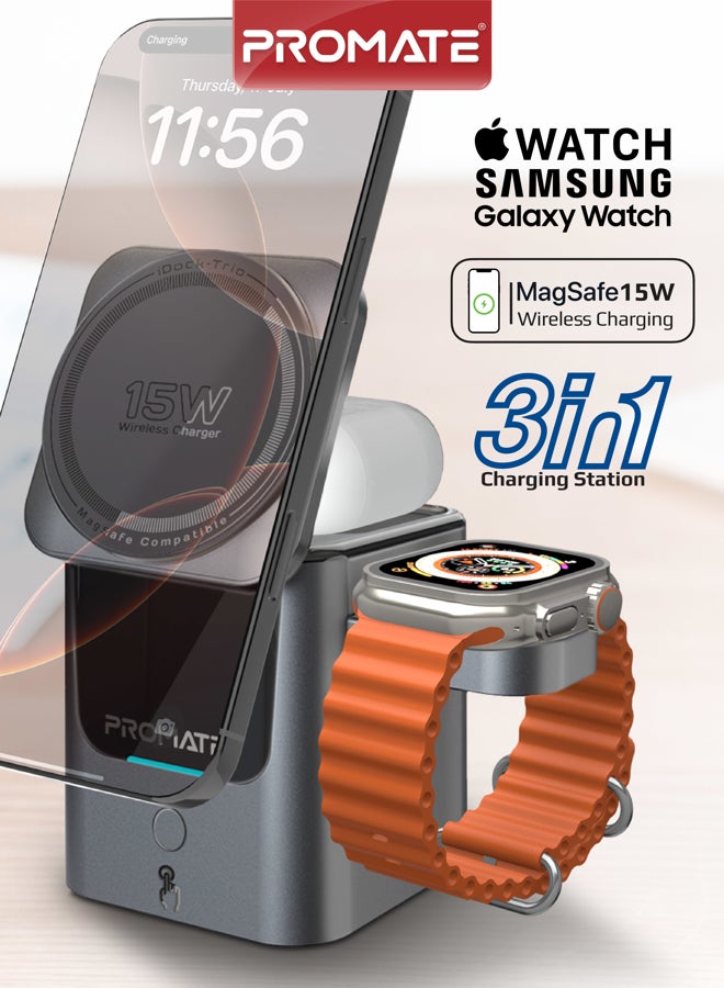 بروميت Promate iDock-Trio 3-in-1 Auto-Fold Wireless Charging Station, 15W MagSafe Pad, 2.5W Apple & Samsung Watch Charger, 5W Earbuds Dock, One-Touch Motorized Flip, Compact Travel-Friendly Design black - Image 1
