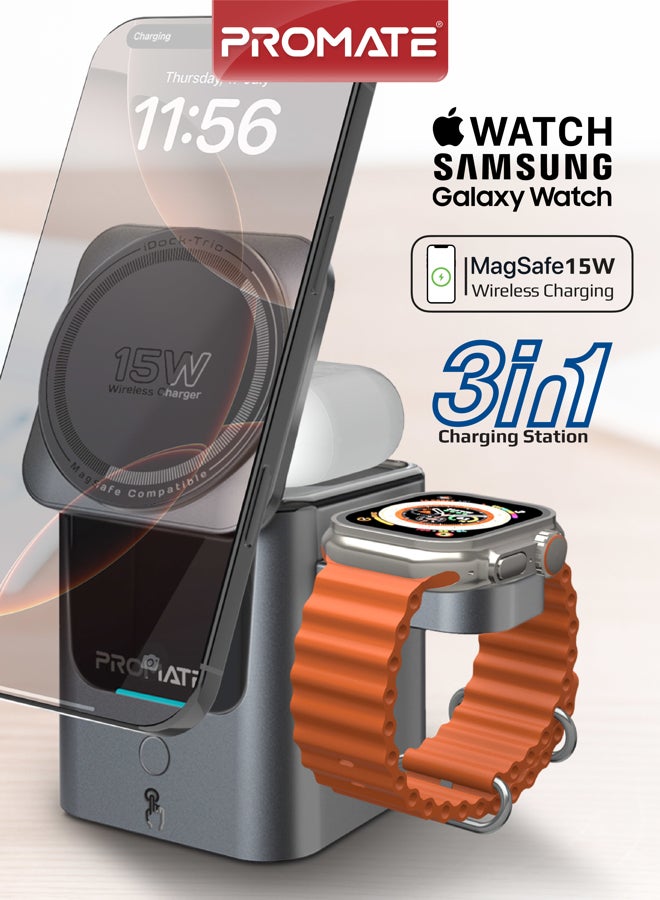 بروميت Promate iDock-Trio 3-in-1 Auto-Fold Wireless Charging Station, 15W MagSafe Pad, 2.5W Apple & Samsung Watch Charger, 5W Earbuds Dock, One-Touch Motorized Flip, Compact Travel-Friendly Design black - Image 2