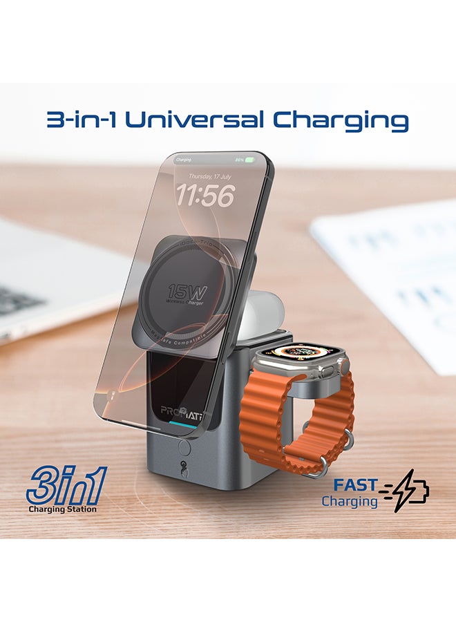 بروميت Promate iDock-Trio 3-in-1 Auto-Fold Wireless Charging Station, 15W MagSafe Pad, 2.5W Apple & Samsung Watch Charger, 5W Earbuds Dock, One-Touch Motorized Flip, Compact Travel-Friendly Design black - Image 3
