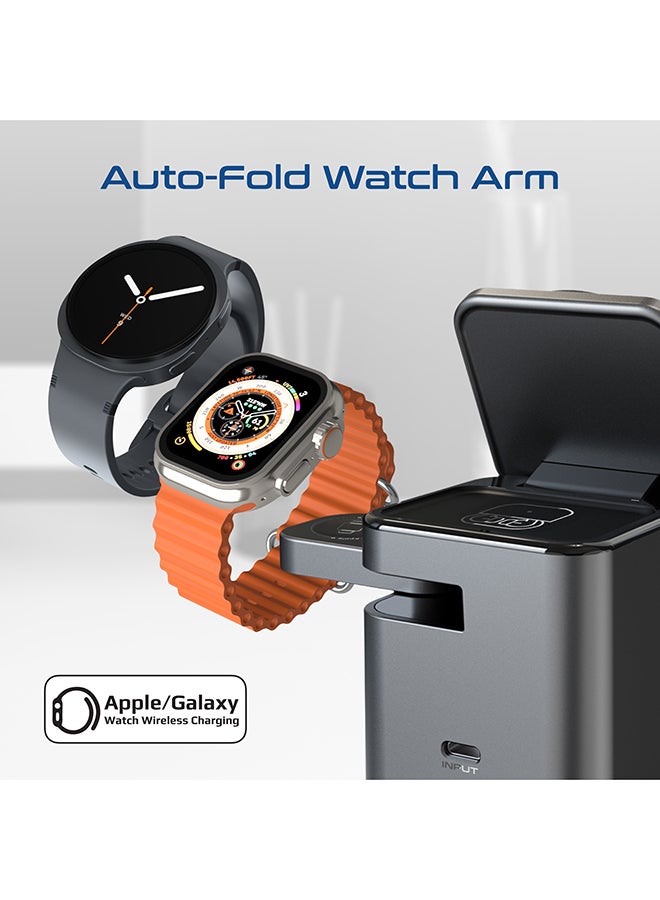 بروميت Promate iDock-Trio 3-in-1 Auto-Fold Wireless Charging Station, 15W MagSafe Pad, 2.5W Apple & Samsung Watch Charger, 5W Earbuds Dock, One-Touch Motorized Flip, Compact Travel-Friendly Design black - Image 5