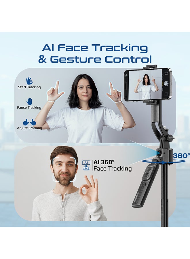 Promate TriPop-Ai Smart Tripod with 176cm Telescopic Rod, Auto-Pop Base, 360° AI Face Tracking, Gesture Control, Dual Mount Clamp & Magnetic, Bluetooth 5.4 Remote for iOS & Android - Image 3