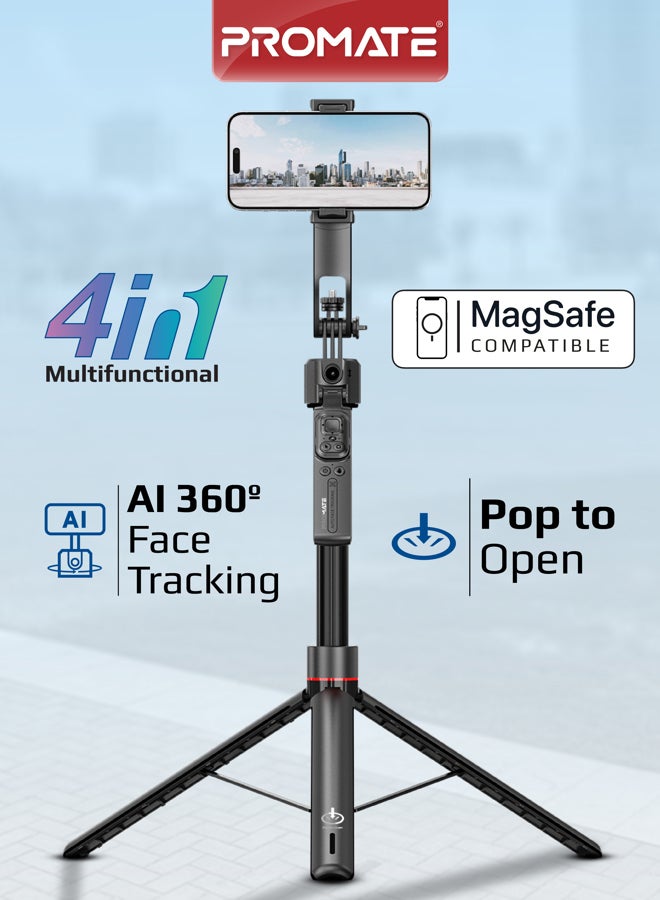 Promate TriPop-Ai Smart Tripod with 176cm Telescopic Rod, Auto-Pop Base, 360° AI Face Tracking, Gesture Control, Dual Mount Clamp & Magnetic, Bluetooth 5.4 Remote for iOS & Android - Image 1